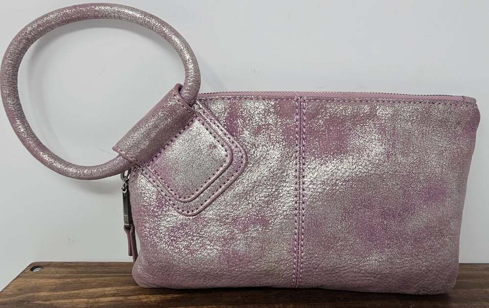 Hobo Sable Violet Metallic Distressed Leather O-Ring Wristlet Clutch Purse